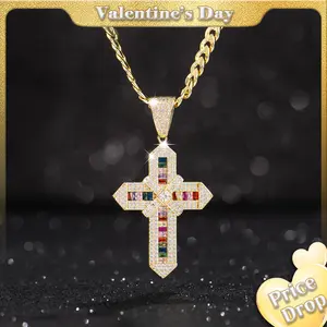 Holylegend 14K Real Gold Plated Multicolor & Green Cross Necklace for Women and Men, Tarnish-Free Iced Out Pendant with 5A CZ, Cuban and Rope Chain, Hip Hop Bling Jewelry Gift