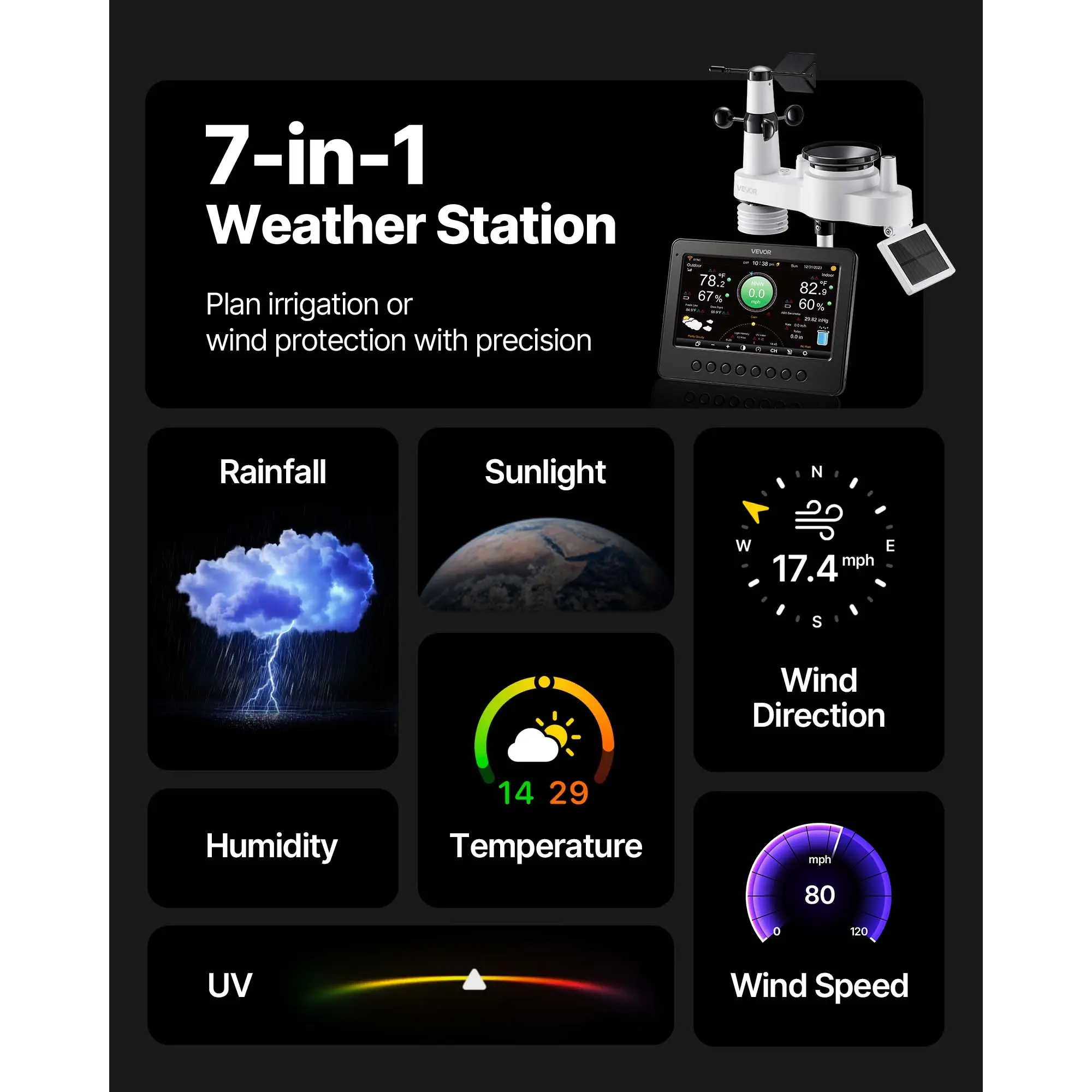 【FathersDayGift】VEVOR 7-in-1 Wi-Fi Weather Station,  , 7-Inch TFT Display, Wireless Solar Powered Outdoor Sensor, Rain Gauge, Indoor Outdoor for Weather Forecast, Wind Speed Direction, Temperature, Humidity, Rainfall