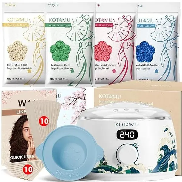 KOTAMU Professional Waxing Kit with Digital Warmer, Scented Hard Wax Beads, Easy-Clean Silicone Pot - 10 Minutes to Heat, Cleansing, Salon-Grade Bikini & Armpit Hair Removal for Sensitive Skin, Bikini Hair Removal