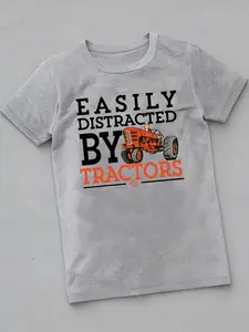 Boys' Cotton "Easily Distracted by Tractors" Tractor Print Short Sleeve Shirt - Farm Vehicle Outfit for Playdates, Summer Outdoor Wear - Machine Washable Top, 4-12 Years