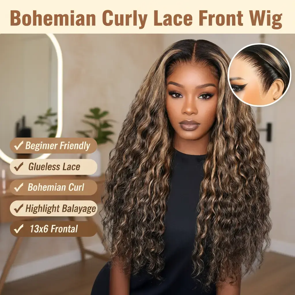 [New Trendy] Megalook Highlight Balayage Bohemian Curl Wig 13x6 Glueless Lace Frontal Human Hair Pre-everything Put On Go Beginner Friendly