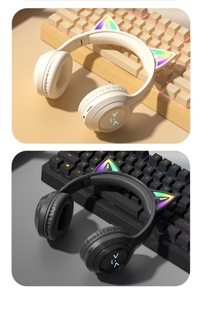 Wireless Bluetooth Cat Ear Headphones LED Light Up Foldable Over Ear with Built in Microphone Long Battery Life for Phone Tablet iPad Laptop Computer Cute Gift for Kids Teens and Adults