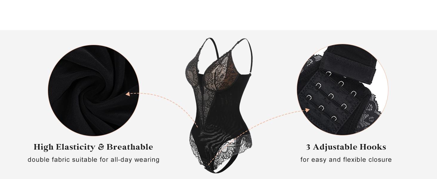 Popilush Deep-V Neck Built-in Shaper Lace Bodysuit Elegant Adjustable - live