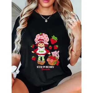 100% Cotton Unisex Strawberry Shortcake & Kitty Custard Vintage T-Shirt Casual Top