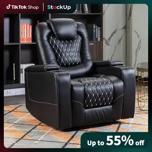 [Stock Up] Ebello Power Recliner Chair with USB Ports and Cup Holders - Overstuffed Electric Home Theater Seating PU Leather Reclining Furniture with Hidden Arm Storage, Easy to Clean (Black)