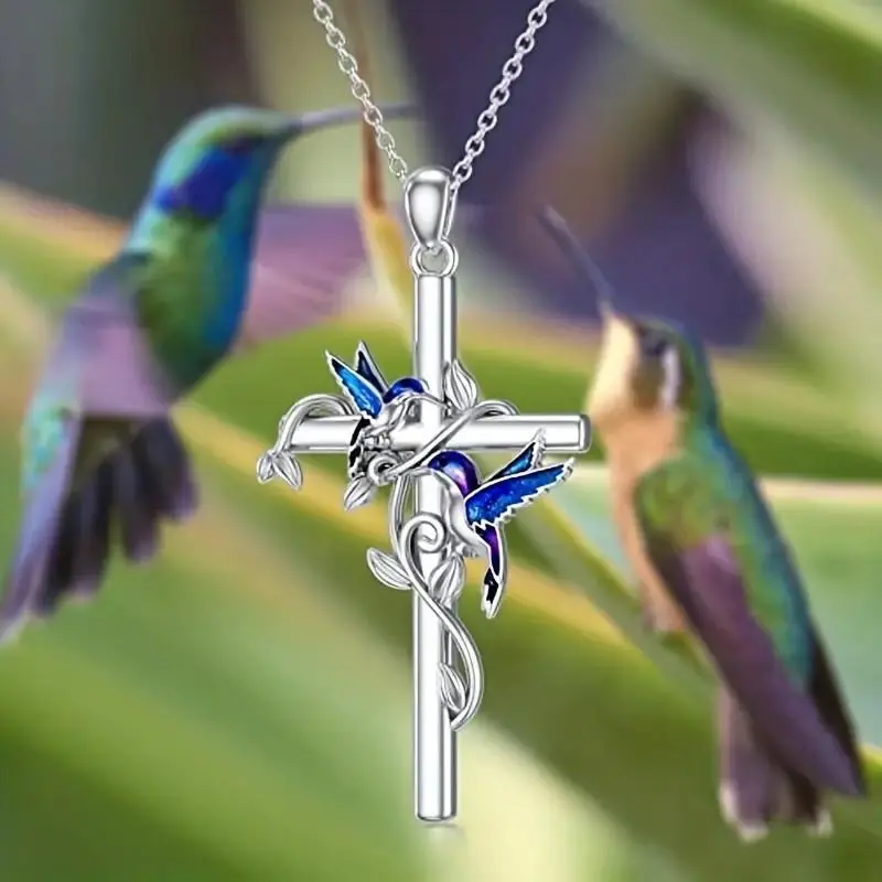 Elegant 925 Sterling Silver Cross Hummingbird Fashion Jewelry Pendant Necklace