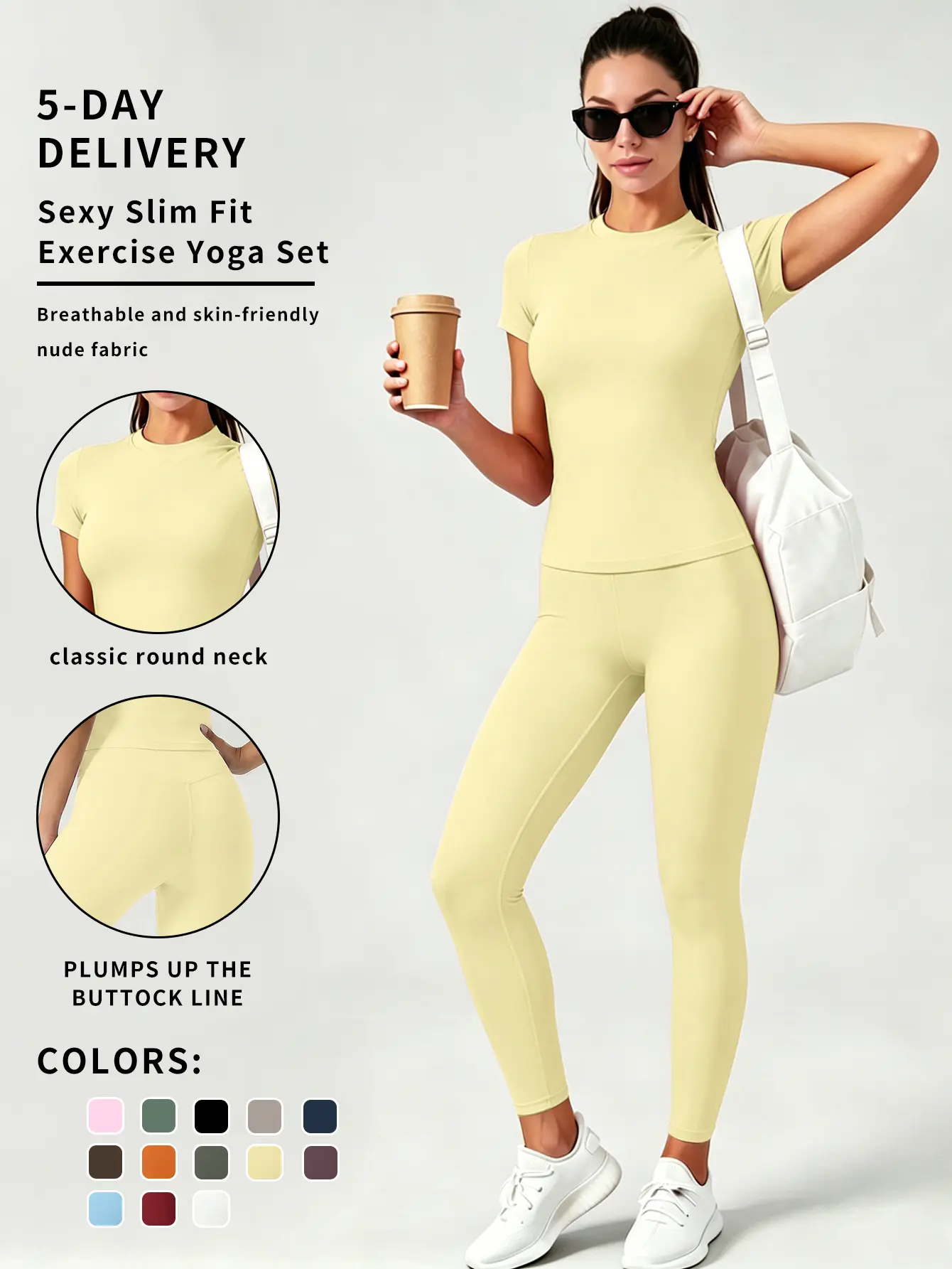 2-Piece Solid-Color Athletic T-Shirt Set Women's Sportswear Set, Slim-Fit RoundNeck Short Sleeves & High-Waisted YogaPants, Ideal for Gym Running OutdoorActivities,  Stretchy Suit Set, Fitness Outfits,Workout Running Outfits-8627