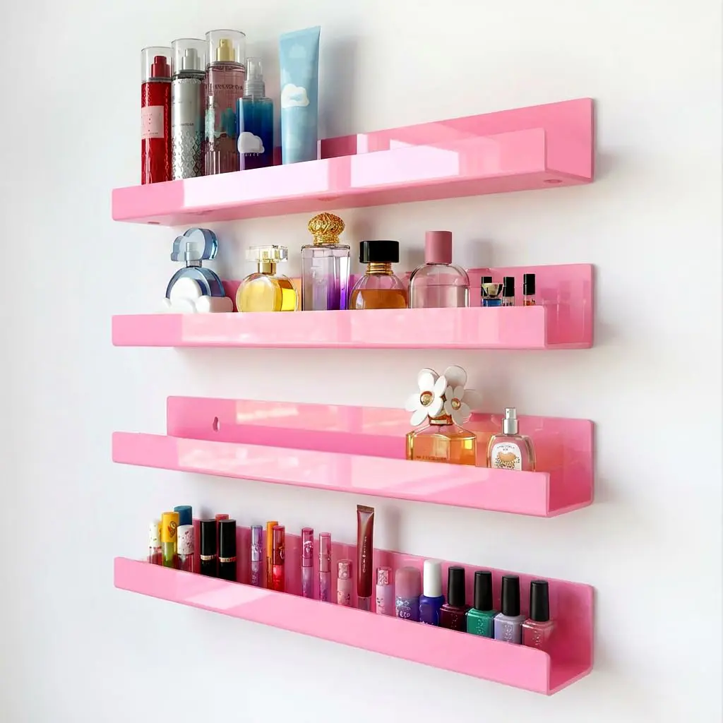 Floating Shelves for Wall Decor, 15" Pink Wall Shelves for Bedroom, Space Saving, Living Room, Kitchen, Bathroom Decor, Nail Polish Book Decoration Makeup Perfume Organizer Floating Shelf
