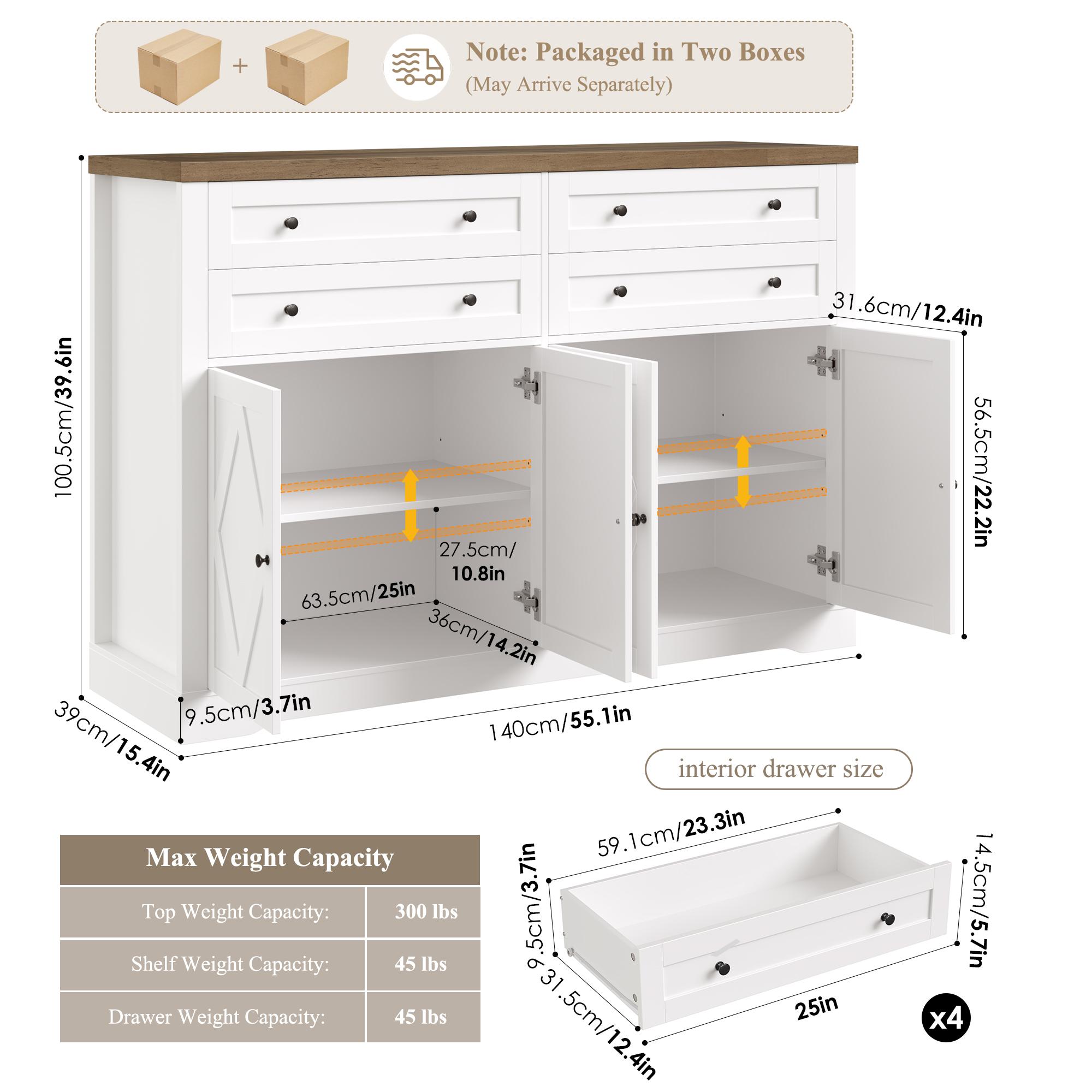 【2 packages shipping】HOSTACK Buffet Cabinet, Coffee Bar with 4 Large Drawers, Kitchen Storage Cabinet, Modern Farmhouse Sideboard Buffet, Adjustable Shelves 【2 packages shipping】HOSTACK Buffet Cabinet, Coffee Bar with 4 Large Drawers, Kitchen Storage Cabinet, Modern Farmhouse Sideboard Buffet, Adjustable Shelves