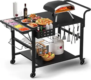 Pizza Oven Table, Grill Cart Table for Blackstone Griddle, Outdoor Pizza Oven Stand Fits Ninja, Cuisinart, Gozney, Solo Stove, BBQ Prep Tables Station with Seasoning Tray, 47.2"x27.5"x35.8"