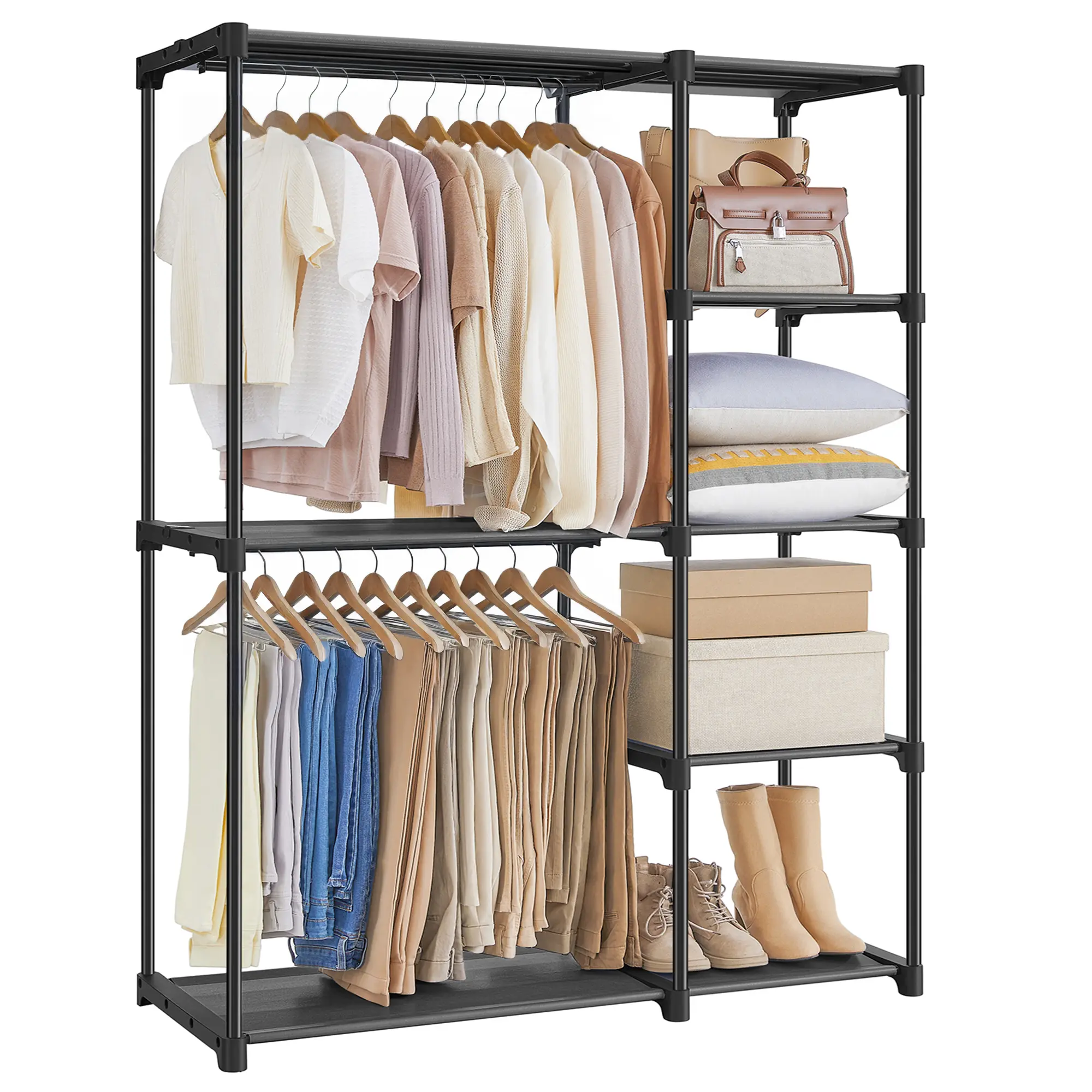 SONGMICS Portable Wardrobe Closet Armoire - Metal & Fabric Freestanding Stable Organizer, Shelf-Hang Combo with 2 Rail Shirt Hangers, 65" Tall Storage, 44.1" Wide Access, Dorm Finds, Small Room Ideas, 44.1x16.9x65in