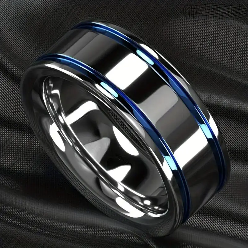 Men's Titanium Steel Stainless Steel Metal Ring - 8mm Wide, Modern Look, Polished Black Finish with Blue Accents, Standout Edge, Durable for Daily Wear, Comfortable Beautiful Jewelry Ring for Casual/Formal Occasions, Metal Rings
