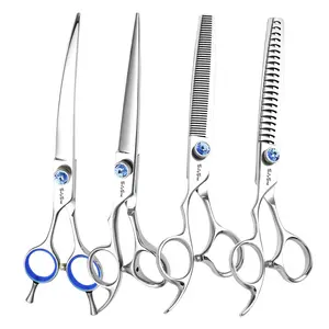 7in Left Handed Dog Grooming Scissors Set, Japan VG10 Steel Professional Pet Cat Shear Kit, Straight & 30° Curved & 18 or 50 Teeth Thinner Chunker Scissors with Safety Blunt Tip, Thinning Shears for Dogs Cats Full Body Cutting Tool