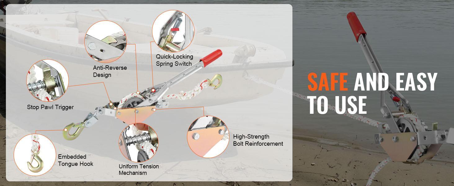 VEVOR Rope Puller, 3/4 Ton (1,653 lbs) Pulling Capacity, with 100' of 0.6" dia. Rope, 2 Hook, Come Along Winch, Heavy Duty Ratchet Power Puller Tool for Moving Boats, Securing Items, Transporting Logs