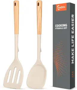 Silicone Cooking Spatula, Heat Resistant Solid Turner, Slotted Spatulas with Wooden Handle,Ideal Wood Kitchen Utensils Set for Frying, Baking, Flipping, Turning,Pack of 2 (Khaki)