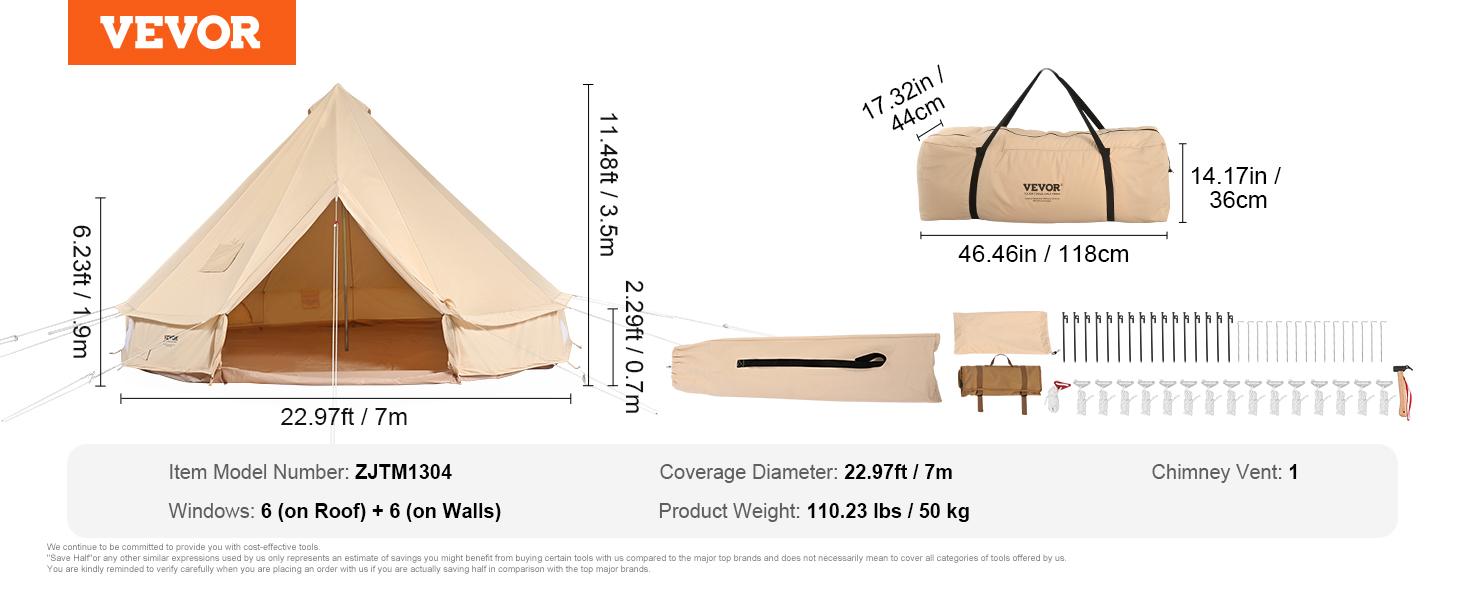 VEVOR Canvas Glamping Bell Tent Max 12 Persons, TikTokShopBlackFriday, Breathable Waterproof Large Yurt Tent with Stove Jack and Detachable Side Wall for Family Camping