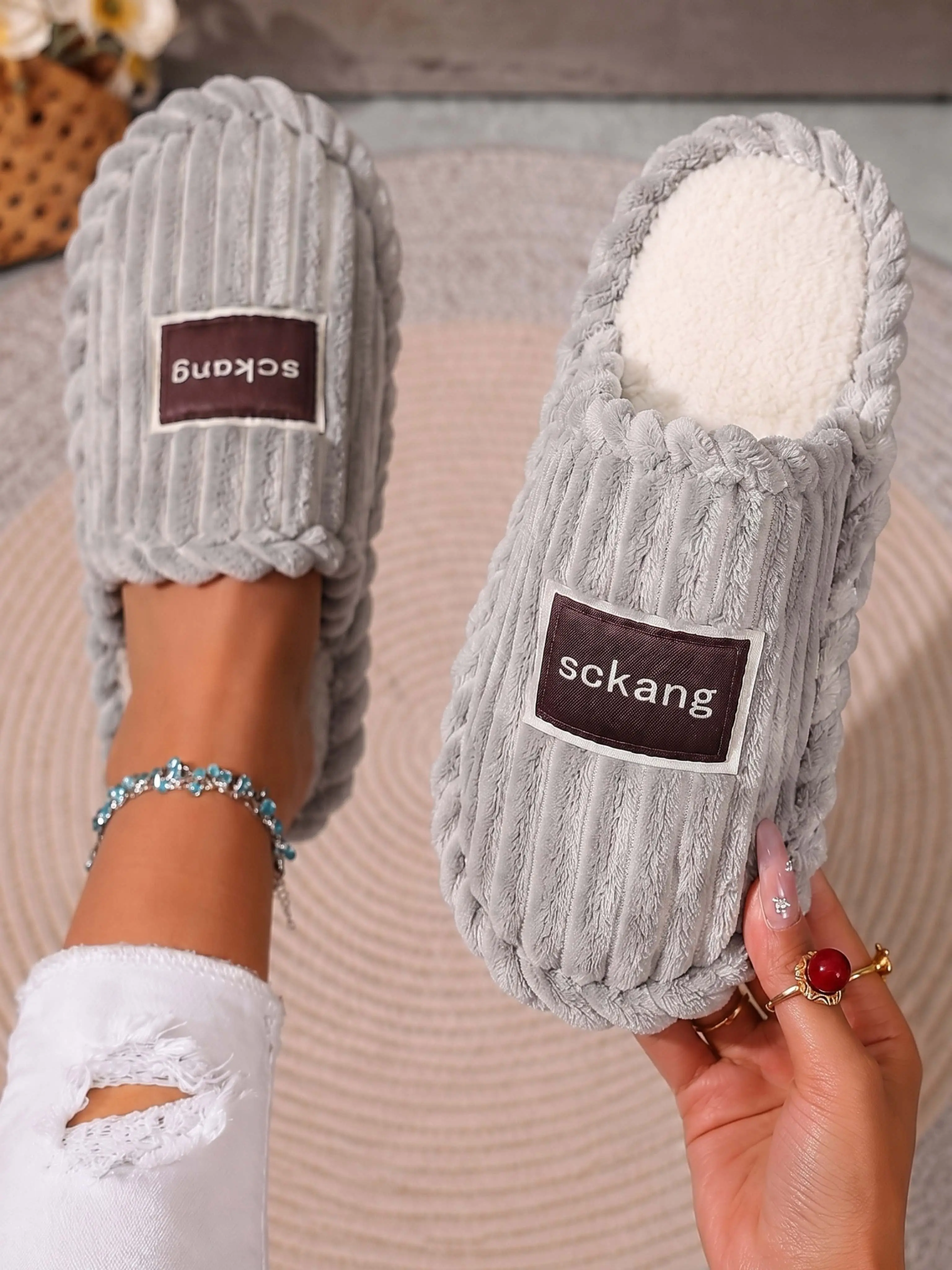 Women's Striped House Slippers - Thickened Warm, Durable Indoor-Outdoor, Comfortable Winter Slip-On Slippers for Women, Christmas Easter Birthday Gift Option