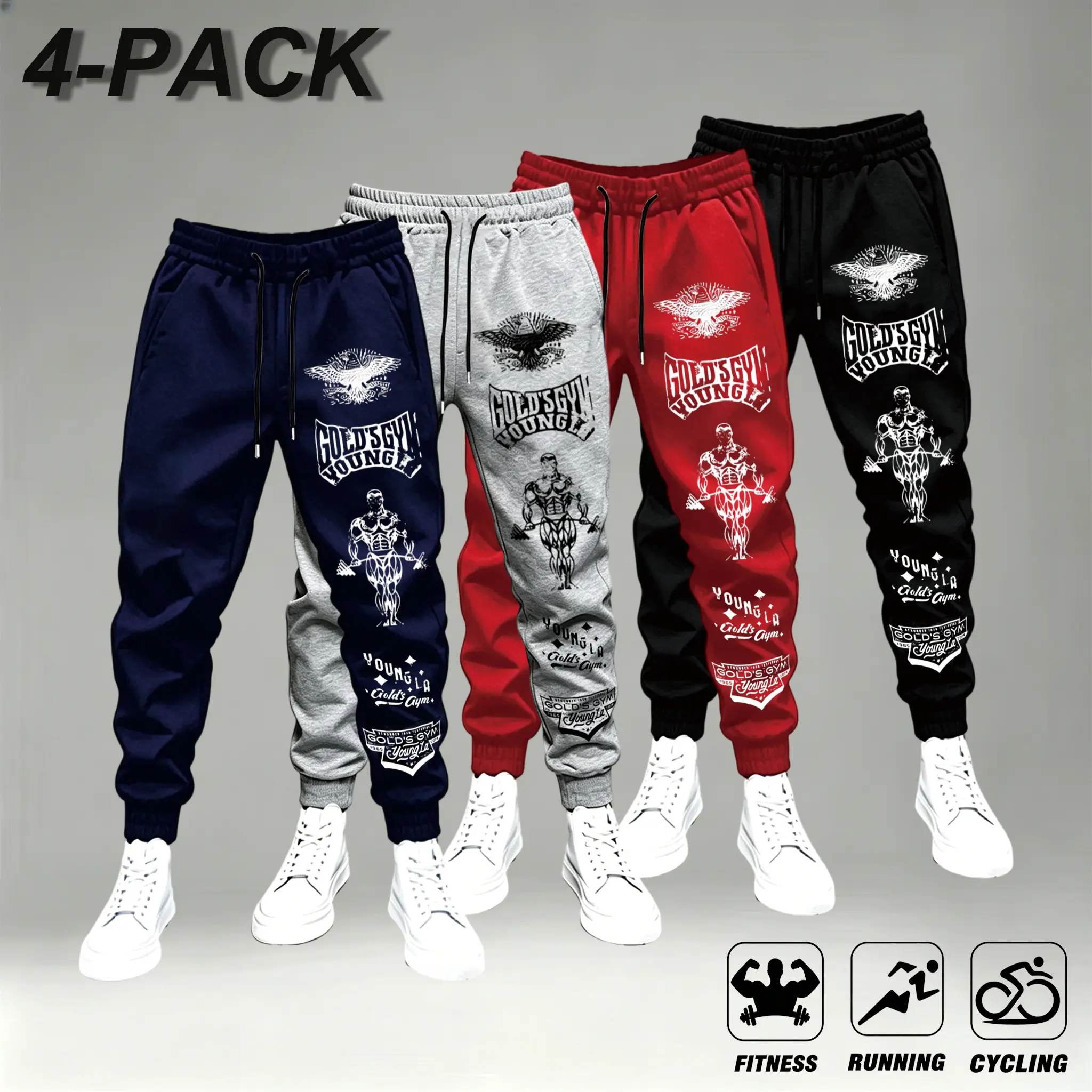 Men's 4-Piece Casual Joggers - Comfortable Gym Pants with Pockets, Retro Streetwear Athletic Pants, Soft Knit Stretch Fabric, Fall Fitness Layering, Graffiti Print, Everyday Men's Sweatpants