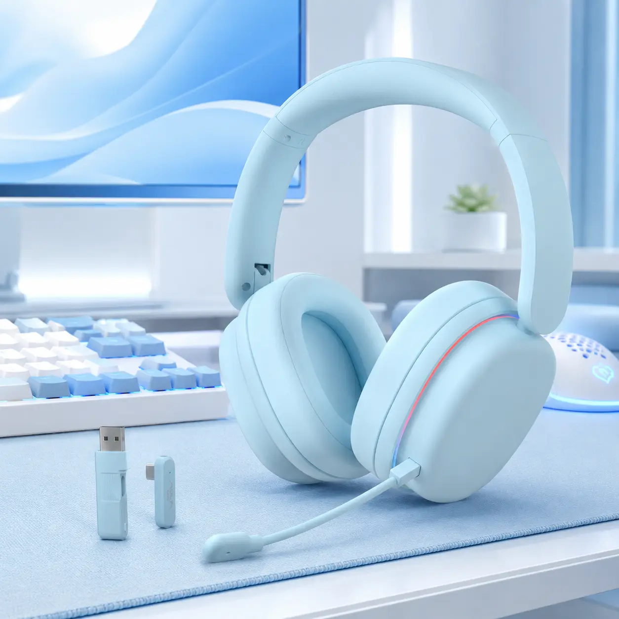 AULA G7 Pro Sky Blue Wireless Esports Gaming Headset for Gaming, Over Ear with Active Canc Noise-Canceling Mic, 7.1 Surround Sound, 10ms Low Latency, Bluetooth 5.3, RGB Lighting, Gaming PC Accessories for PC/PS5/Switch