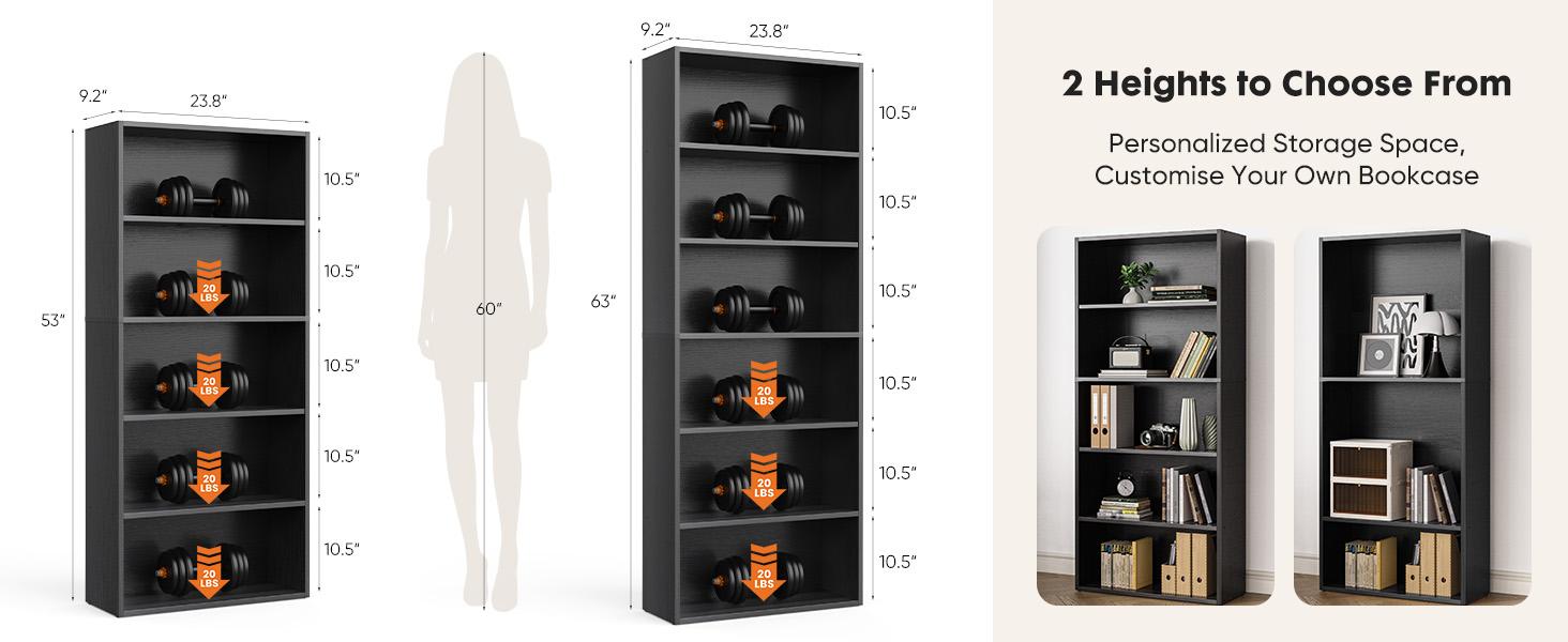 Industrial 5 Shelf Bookcase - Large 53 Inch Tall Floor Standing Open Bookshelf for Home Office, Living Room, and Bedroom Storage