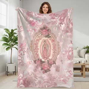 Virgin Mary Floral Angelic Pattern Flannel Blanket  Pink Rose Heaven Inspired Print  Soft Cozy Warm Lightweight Decorative Throw  Perfect for Bedroom Living Room Prayer Space Gift Home Decor summerwins