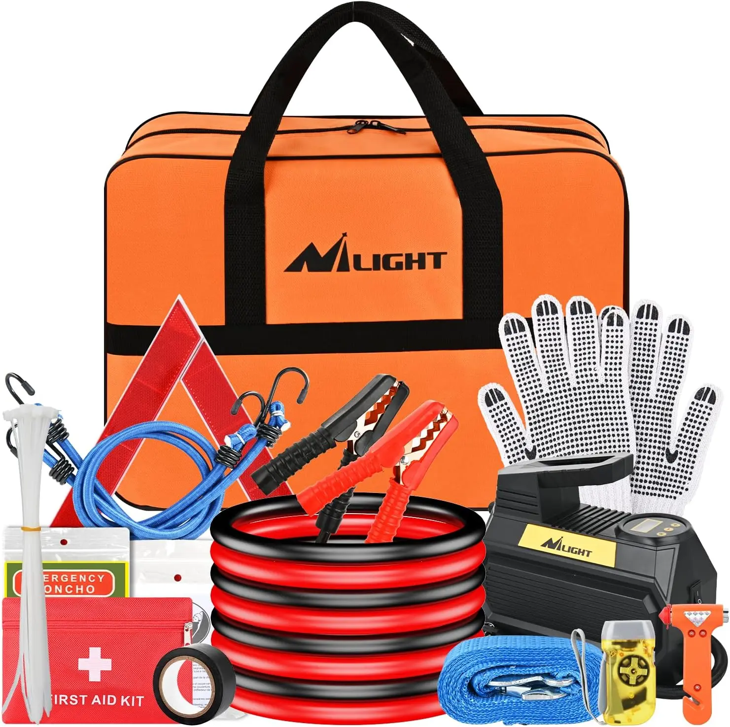 Nilight Car Emergency Kit with Jumper Cables, Cordless Portable Vehicle Tire Inflator, Tire Repair Tools, First Aid Kit, Alligator Connectors for Cars, Trucks, SUVs, RVs – Father’s Day Gift, Cordless Tire Inflator