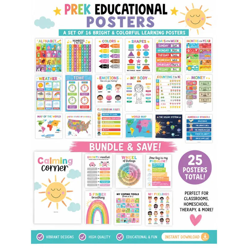 Hadley Designs Classroom Poster Bundle - 16 Educational Posters & 9 Calming Corner Posters for Preschool & Homeschool