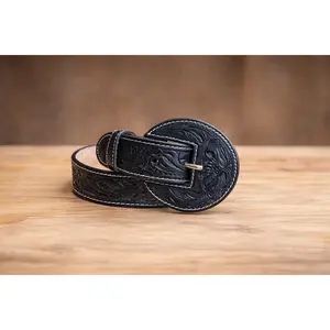 Tooled Leather Floral Belt - Black