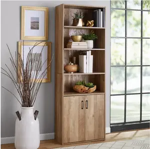 Traditional 5 Shelf Bookcase with Doors, Weathered Oak Finish