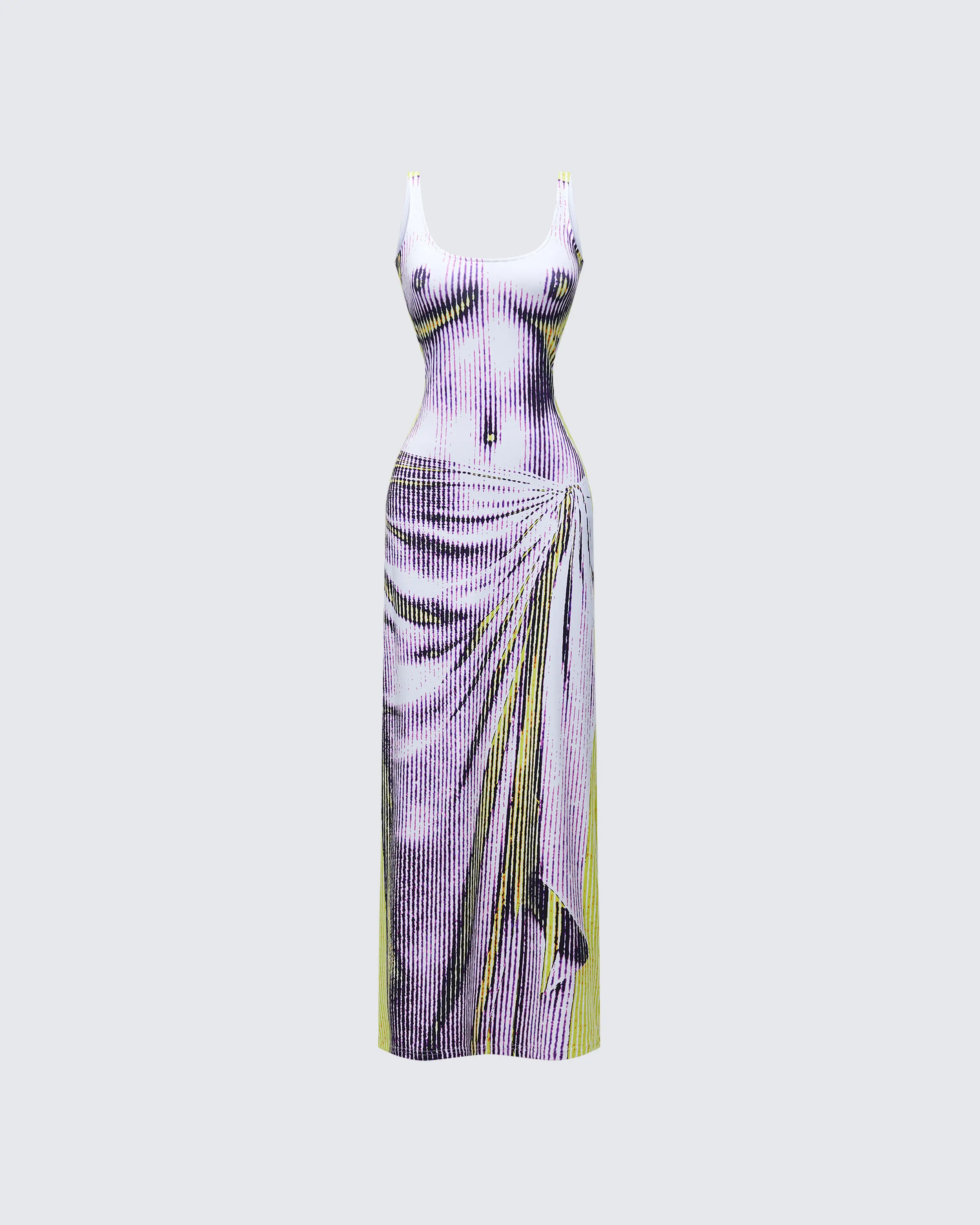 Women's Casual Maxi Dress in a Polyester Spandex Optical Illusion Stripe Print with a Side Tie Waist and Asymmetrical Hem, Stripes, Drape, Fit, Casual Wear, Bodycon, Straps, Sleeveless, Scoop Neck, Bold Graphic Print Casual Dresses