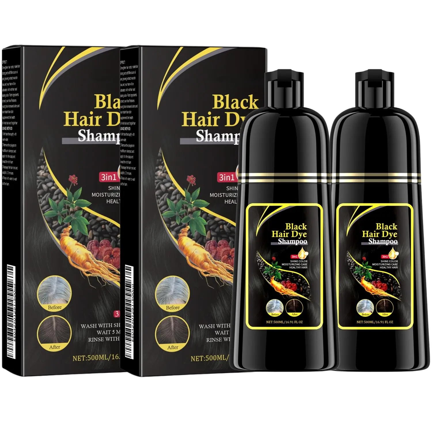2 Pack Hair Dye Shampoo 500ml 3 in 1 for Gray Hair, Herbal Ingredients Natural Shampoo Hair Dye for Women Men (Black)