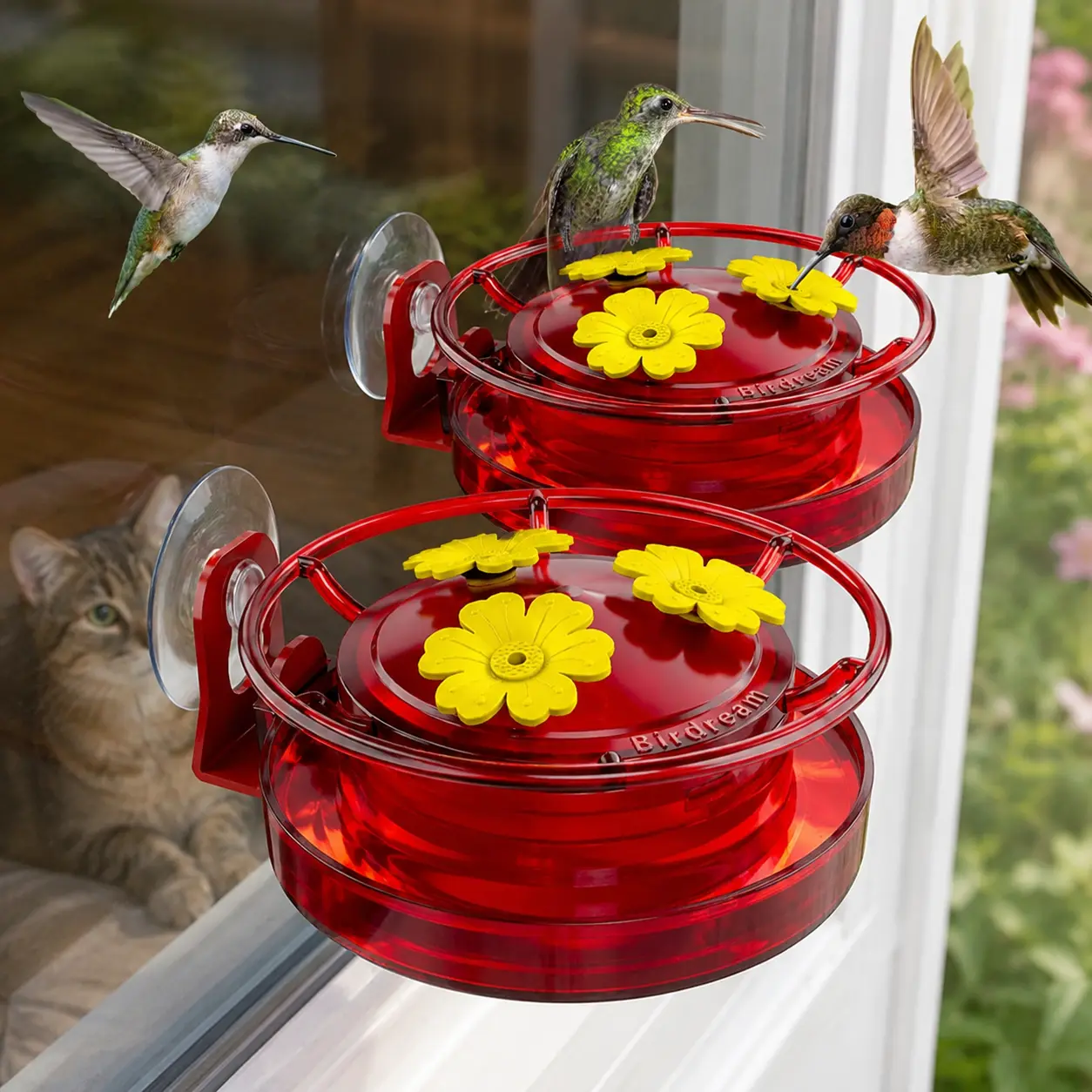 Birdream Window Hummingbird Feeder, 5oz Small Plastic Nectar Holder with Ant Moat, 3 Feeding Ports, Compact Window-Mounted Hummingbird Feeder for Outdoors, Hummingbirds Feeder,Window Feeder