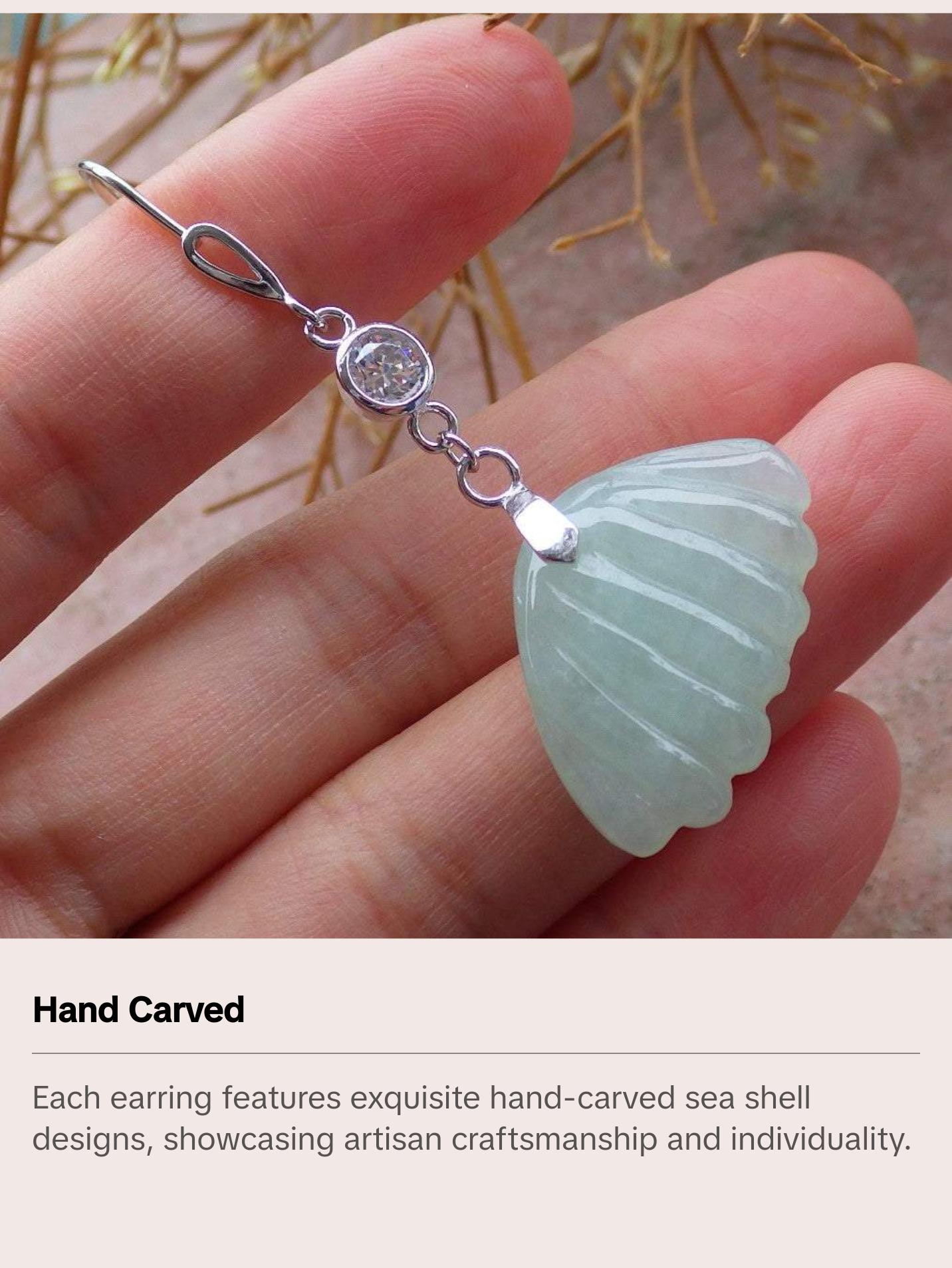 Certified Sterling Silver 925 100% Green Natural Myanmar Burma Hand Carved A Jade Jadeite Sea Shell Dangle Earring Earrings