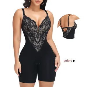JOSHINE SHAPER Lace Shapewear Bodysuit for Women Faja Body Shaper Tummy Control V Neck Body Suit Shorts Low Back Butt Lifter Breathable and lightweight Shapewear Black