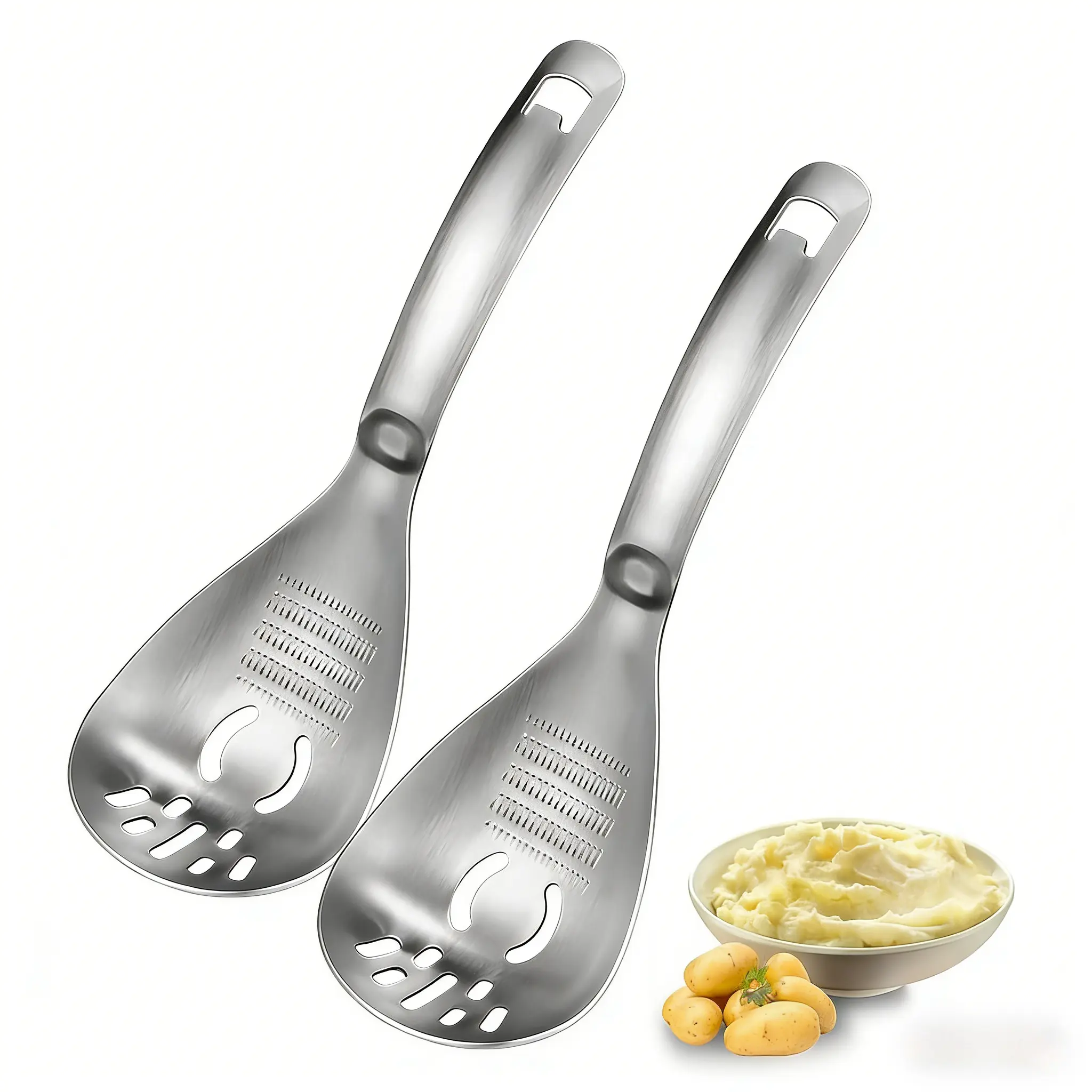 Heavy-Duty 2-Piece Food Grade 304 Stainless Steel Kitchen Utensils Set - Multi-Use, Durable, Sturdy, Easy-Clean, Dishwasher-Safe, Includes Potato Masher, Slotted Spoon, Raw Egg Separator, Ideal for Home & Party Use, Two