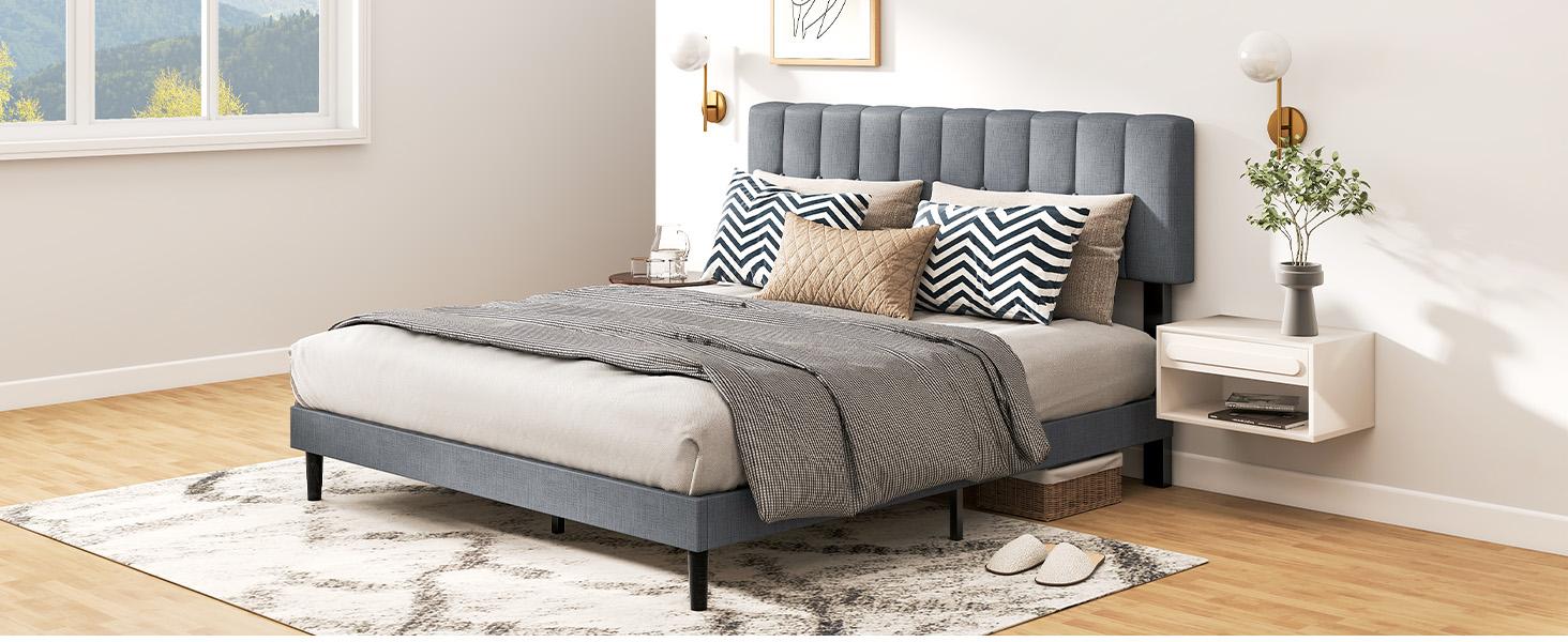 Full Size Platform Bed - Fabric Upholstered Sturdy Wood Slats No Box Spring Needed Modern Design with Upholstery