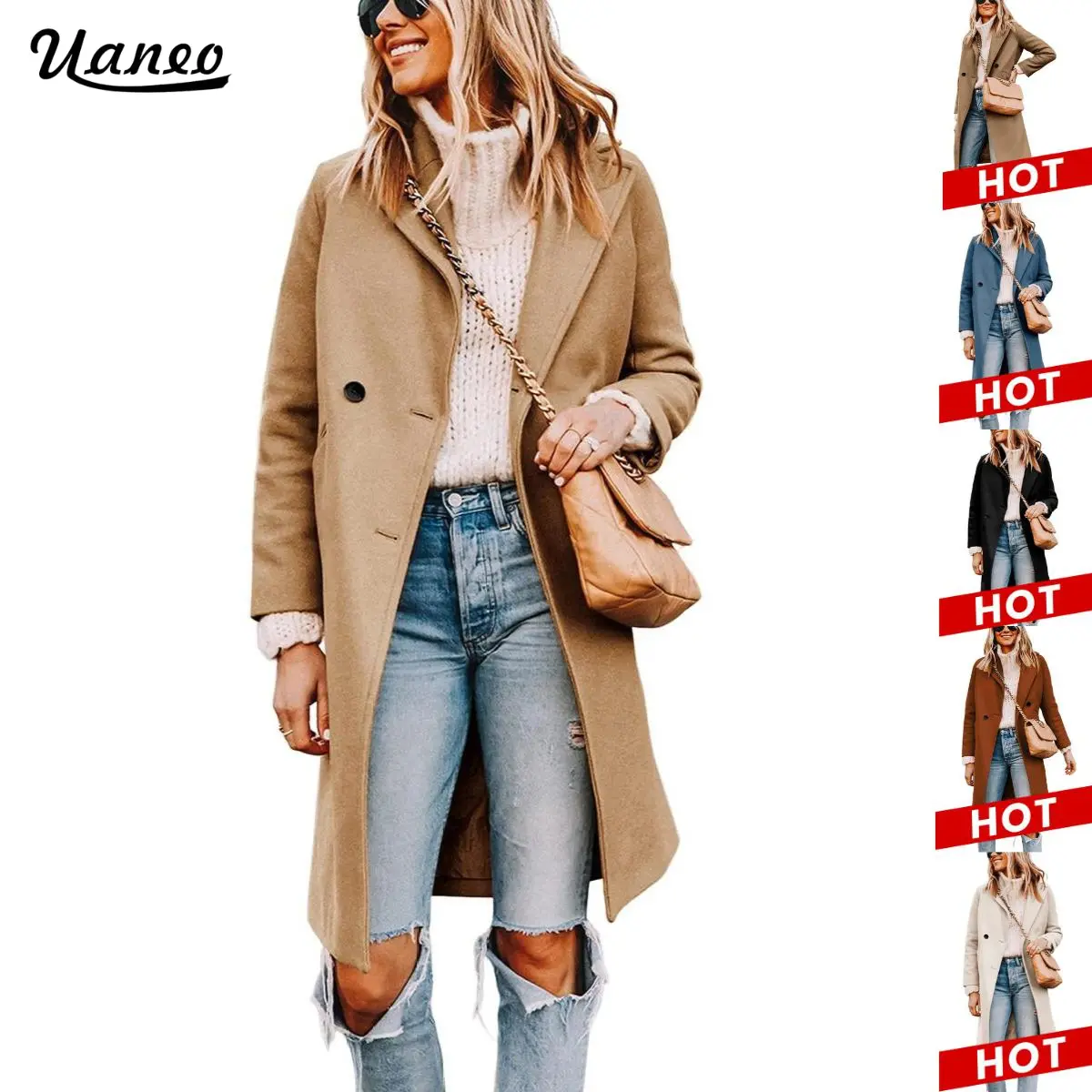 UANEO Women's Notch Lapel Double Breasted Wool Blend Mid Long Pea Trench Coat