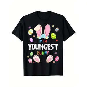 Easter Children S Bunny Eggs Illustration Black Casual Cotton Crew Neck TShirt with Alphabet Pattern for Spring Summer Autumn Celebrations