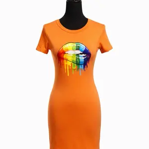 My Dress - Vibrant Orange T-Shirt Dress with Rainbow Lip Print for Women