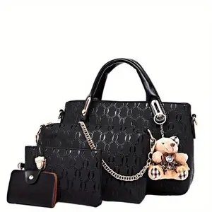 Women's Tote bag set, 4-piece bear pendant bag, large capacity tote purse crossbody bag