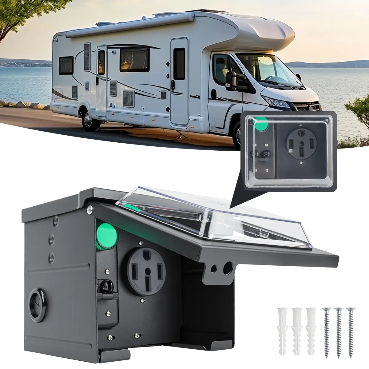 NEMA Outdoor Motorhome Temporary Power Outlet Box for RV Users - 50A/30A NEMA 14-50R 125/250V & TT-30R, Steel, Weatherproof Dustproof, Overload Stop Built-In Circuit Breaker, Easy Installation and Wiring, UL Certified, Transparent Cover, Father's Day Gift