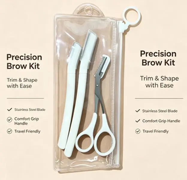 Eyebrow Trimmer Grooming Kit - 2 Smooth Stainless Trimmers, 1 Durable Eyebrow Scissors, Lightweight Compact 5.90in Razor Tool with Storage for Home & Travel