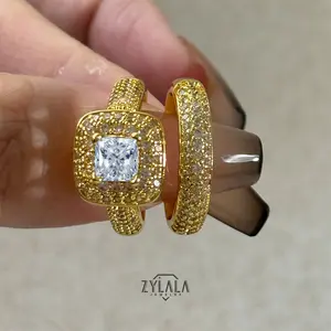 [373] 2Pcs/Set Lab Created Moissanite Ring Princess Cut Wedding Engagement Ring Anniversary Birthday Gift