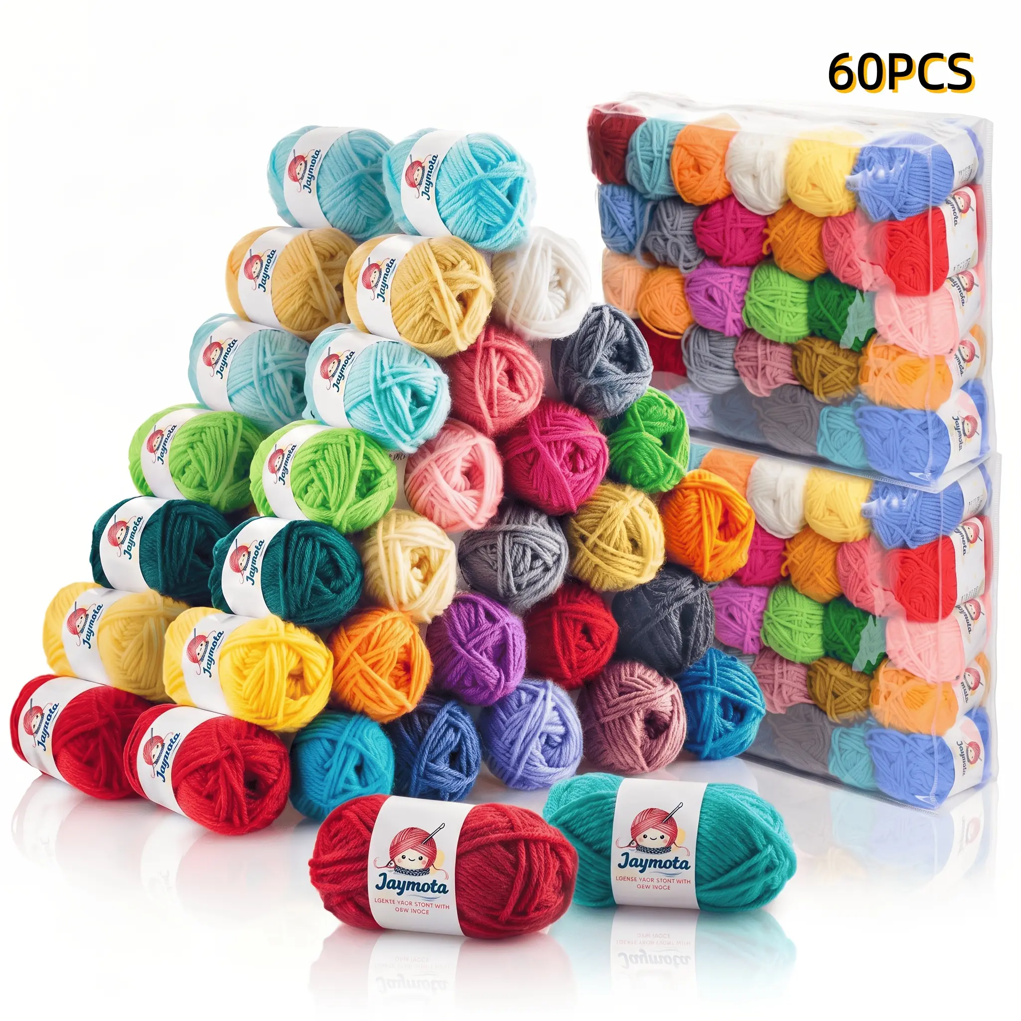 Assorted Colors Rainbow Mix Soft Acrylic Yarn Skeins Set (16/30/60 Pcs, 25g/Skein) with Transparent Storage Bags, Smooth Texture Bulk Kit for Beginners, Crochet Items, Amigurumi Yarn, Knitting Supplies
