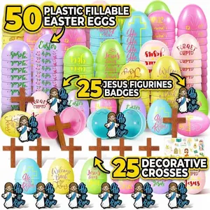 12/50 Packs Prefilled Easter Eggs with Jesus Badge Cross Christian Easter Basket Stuffer Essentials Easter Eggs Fillers Plastic Resurrection Eggs for Hold Candy Egg Hunt Courtyard Decor Party Favors Classroom Prize Lent Gift for Sunday School Spring Decor