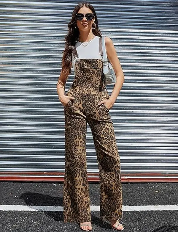 Zhangyan Leopard Print Overalls for Women Stretch Denim Loose Fit Bib Coveralls Cheetah Spring Fall Winter Outfits Y2K Fashion Animal Prints Sleeveless Jumpsuits Country Style Pants Wife Womenswear Rompers Western Cowgirl Comfortable Trouser