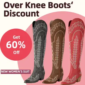 Women Embroidered Western Cowboy Boots Vintage Floral Stitching Over The Knee Boots Pointed Toe Chunky Heel Fashion Riding Boots