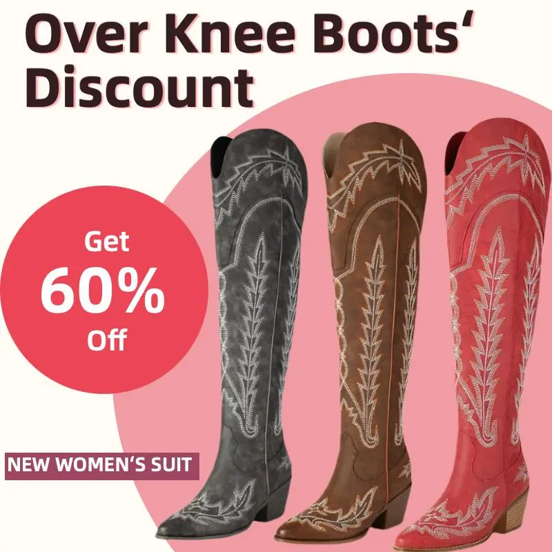 Women Embroidered Western Cowboy Boots Vintage Floral Stitching Over The Knee Boots Pointed Toe Chunky Heel Fashion Riding Boots
