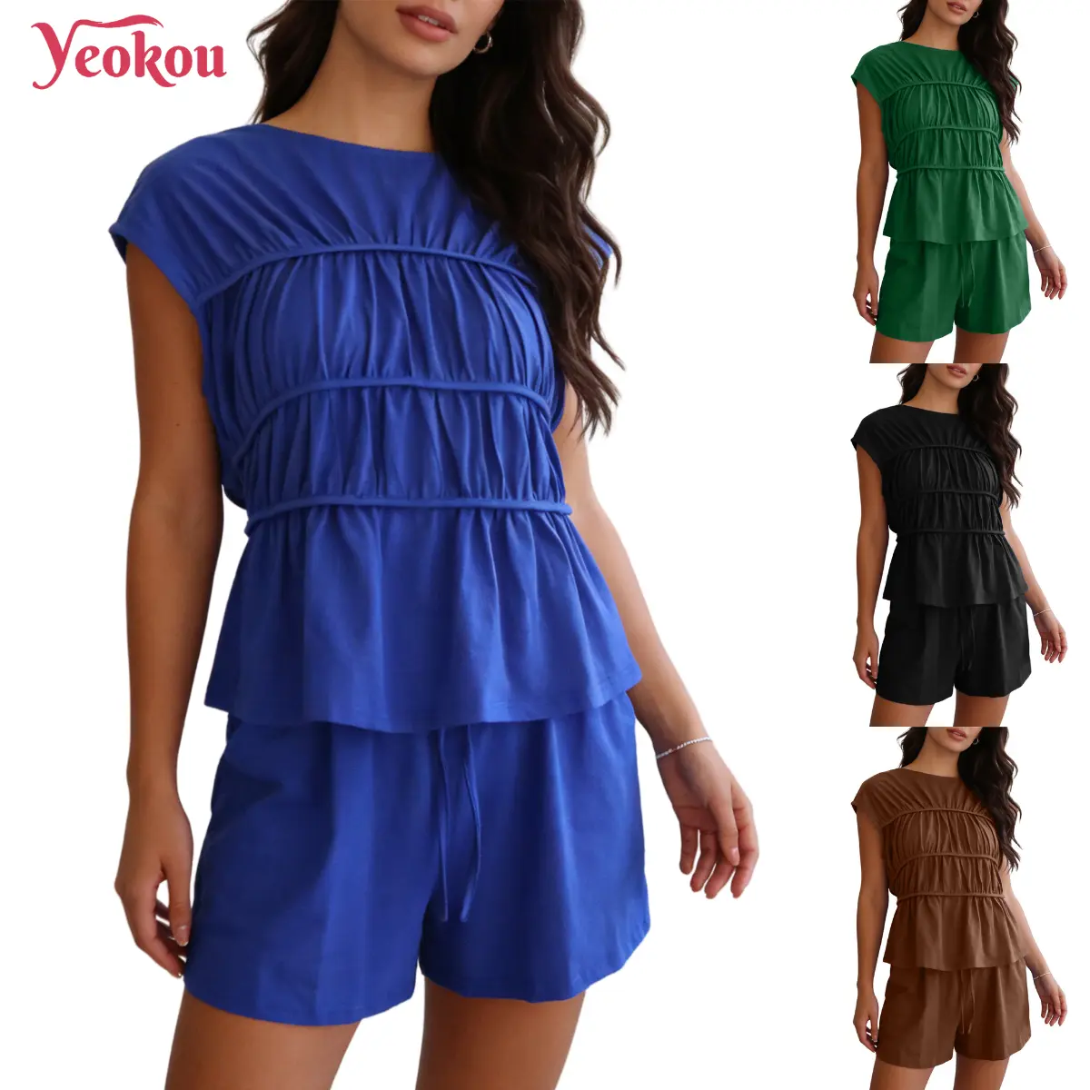 Yeokou Sleeveless Shirred Tiered Two-Piece Top & Shorts Set - Breathable Comfort Fabric for Versatile Casual Daily Outings