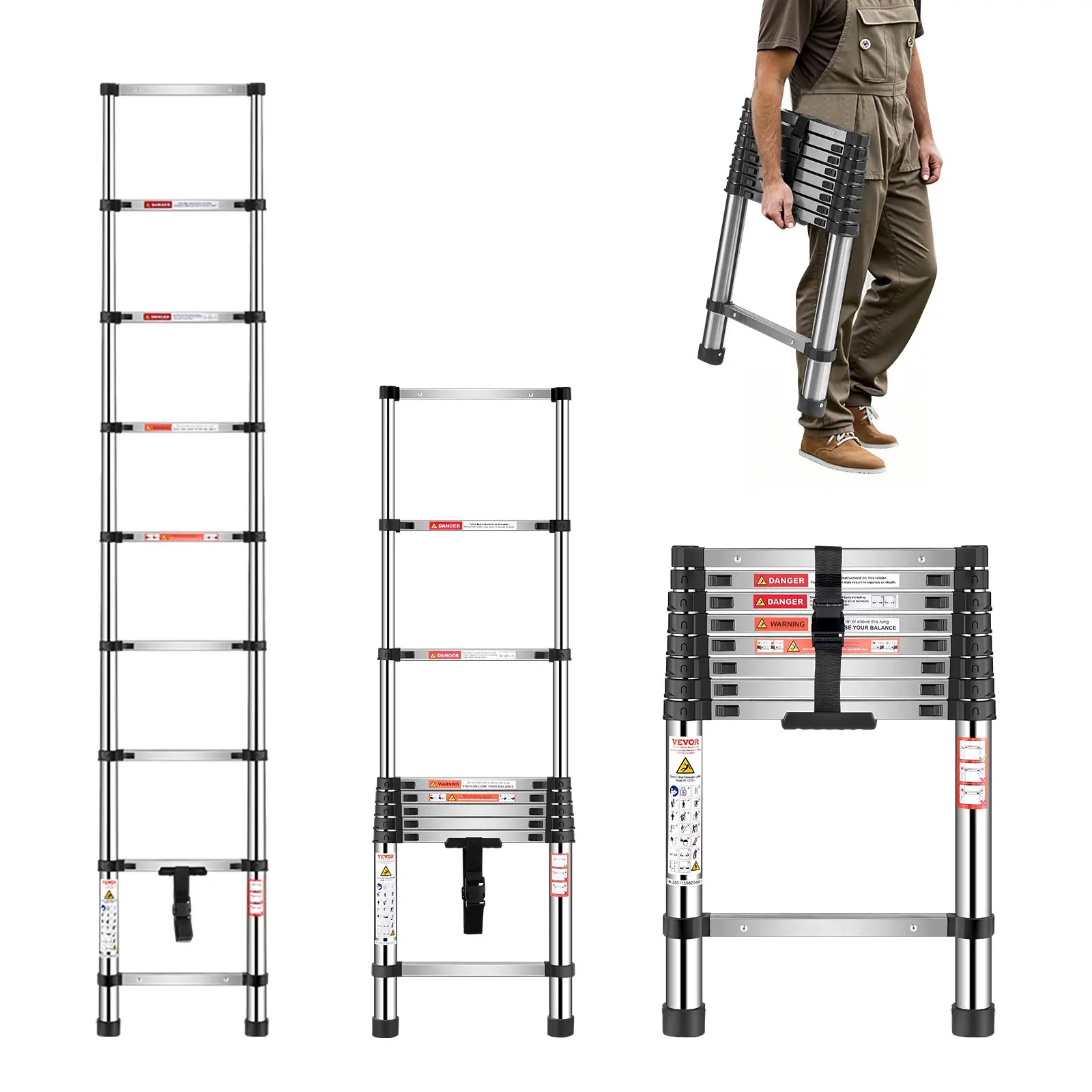 【Summerfinds】VEVOR Telescoping Ladder Stainless Steel Extension Step 8.5 ft Portable LaddersAdjustable LadderPortable Folding Ladder, Portable Collapsible Ladder, Telescopic Extension Ladder